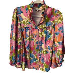 Crosby by Mollie Burch Womens Pink Floral Ruffle Neck Button Front Blouse Size M